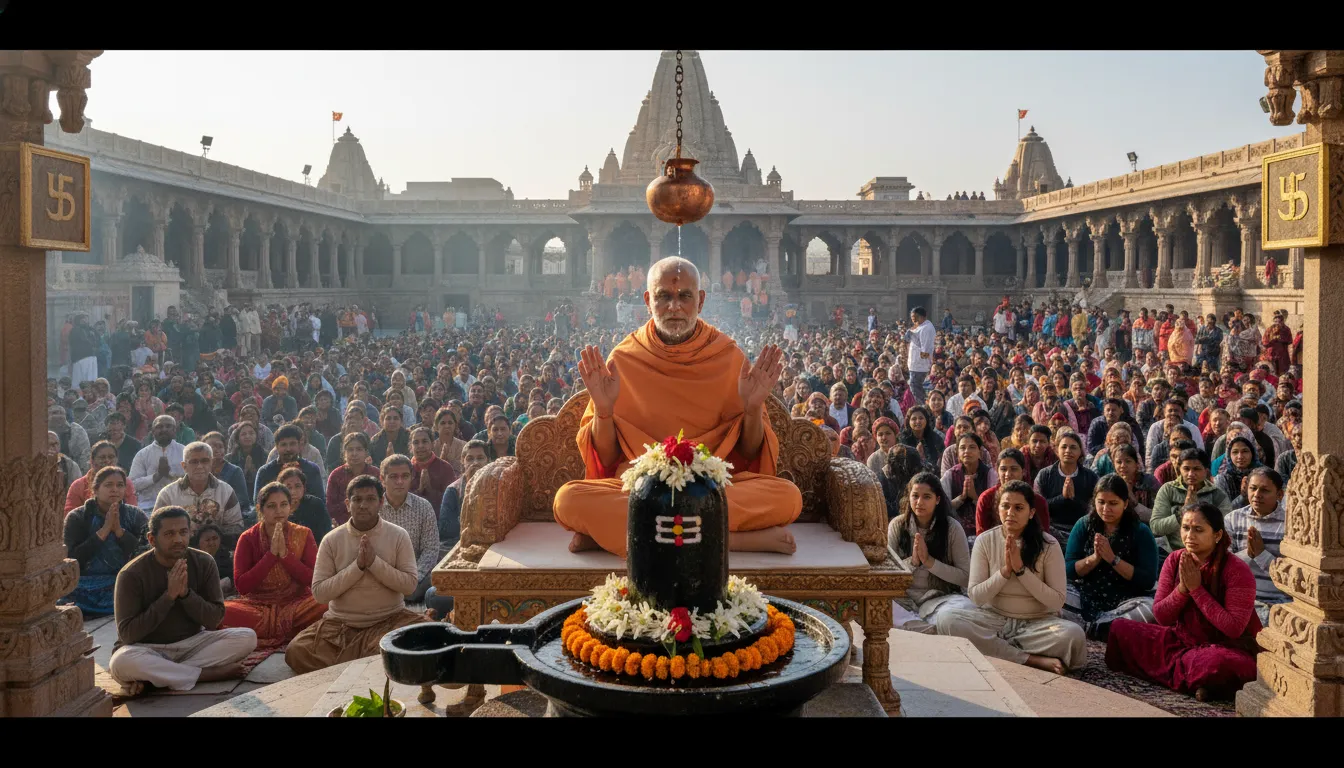 Dr Shivling Shivacharya Maharaj addressing a gathering of disciplined devotees during a spiritual discourse or satsang.