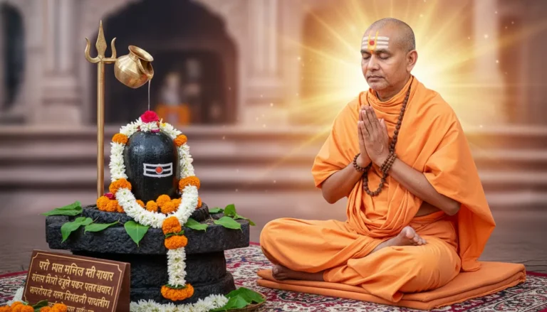 Dr Shivling Shivacharya Maharaj sitting in a serene meditative posture with a peaceful expression, wearing traditional spiritual attire.