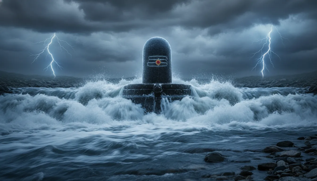 Powerful image of Lord Shivling in water Bahubali style under dark energetic storm clouds.