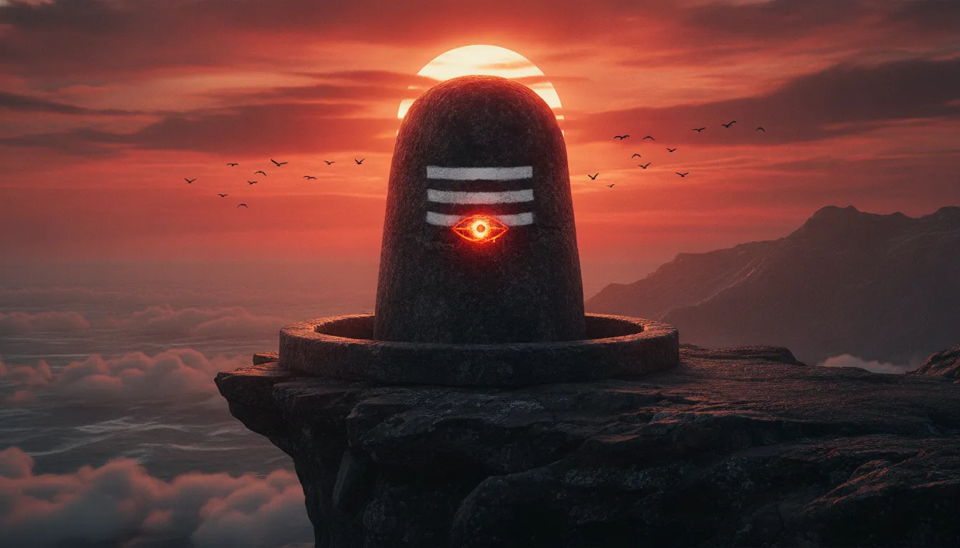 Dramatic crimson sunset background with majestic shivling image in hd