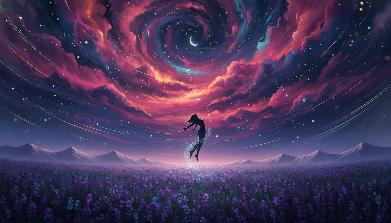 A silhouette of a person floating upwards from a field into a colorful night sky nebula