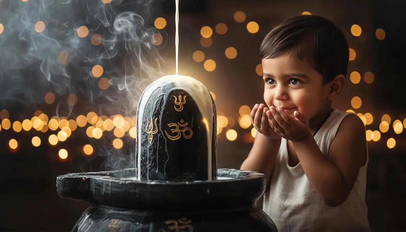 A beautiful, soft-focus dreamy photo of an innocent child drinking milk flowing gracefully from a decorated temple Shivling.