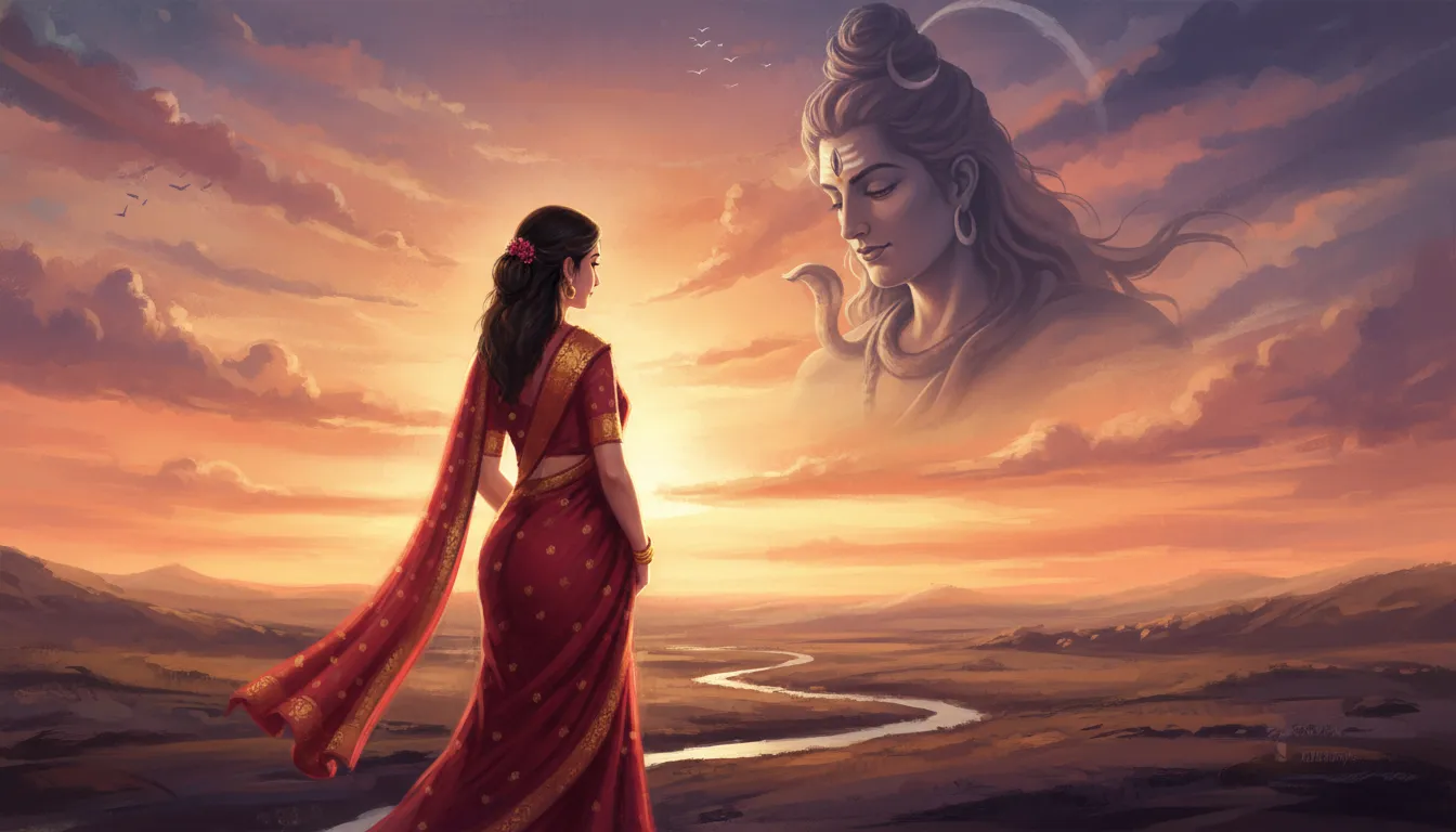 dusk sunset horizon parvati red saree smoky spiritual lord shiva shadow