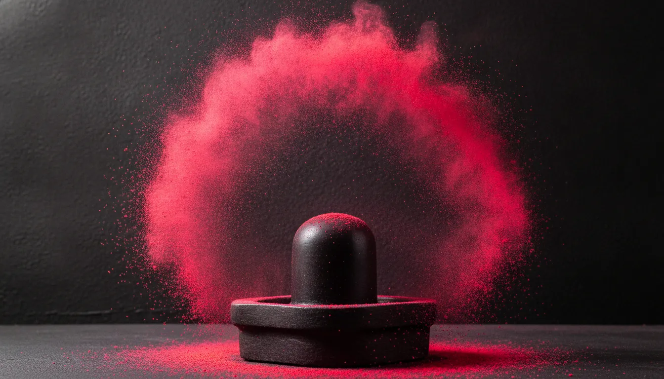 Dynamic mid-air action shot of colorful gulaal splash on a dark stone Shivling.