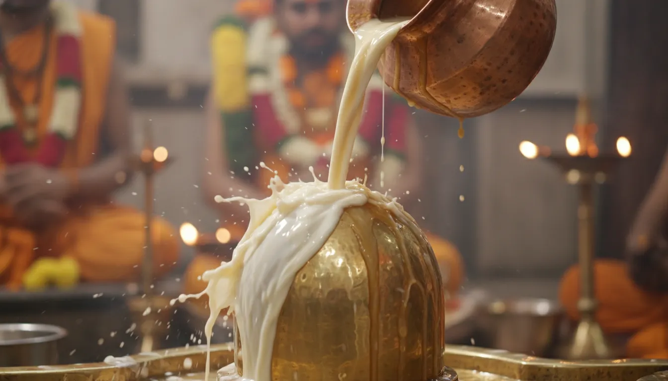 A high-speed photograph of an abhishek ceremony showing milk pouring over a Shivling.