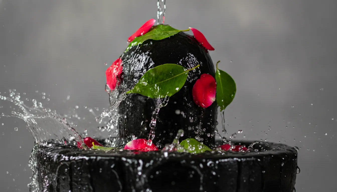 A high-speed action photograph of pure water splashing dynamically over a holy black Shivling.