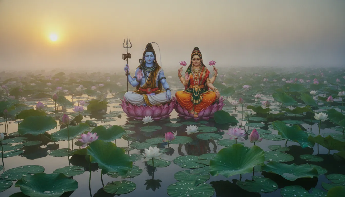 Shiva and Parvati sitting on lotus thrones amidst fresh morning dew and lotus pond