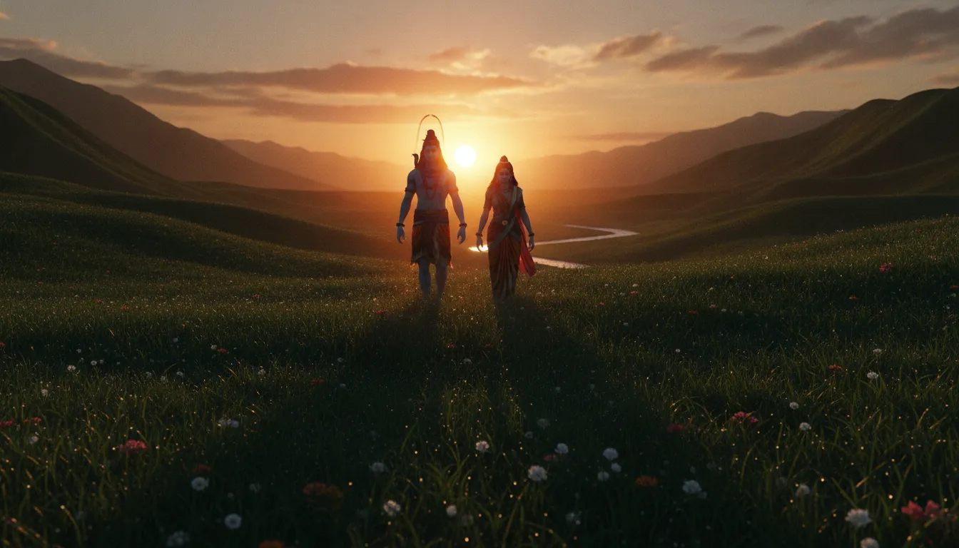Shiva and Parvati walking towards the rising sun in a green valley