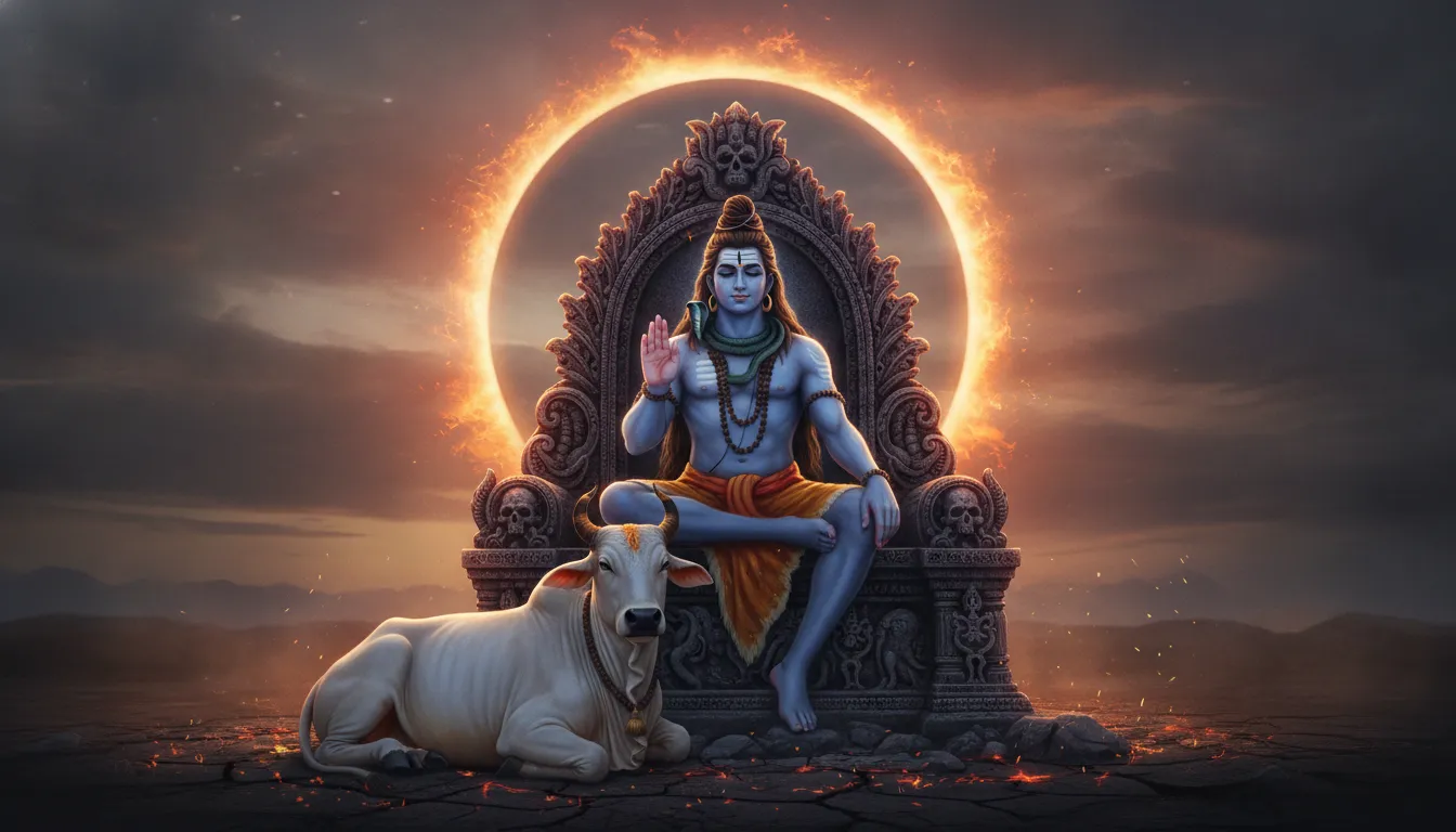 Lord Shiva seated on a stone throne during a solar eclipse with Nandi looking up.