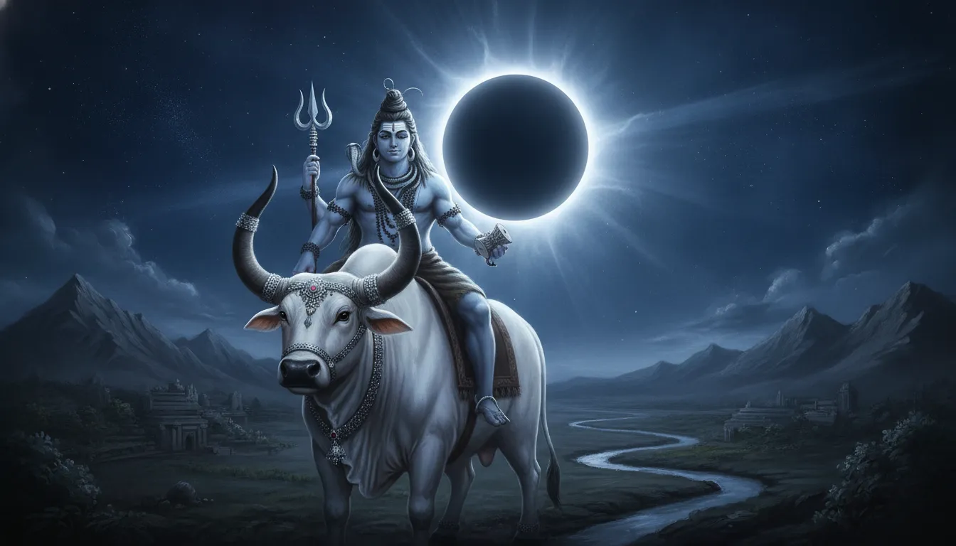 Lord Shiva riding Nandi across the sky during a total solar eclipse.