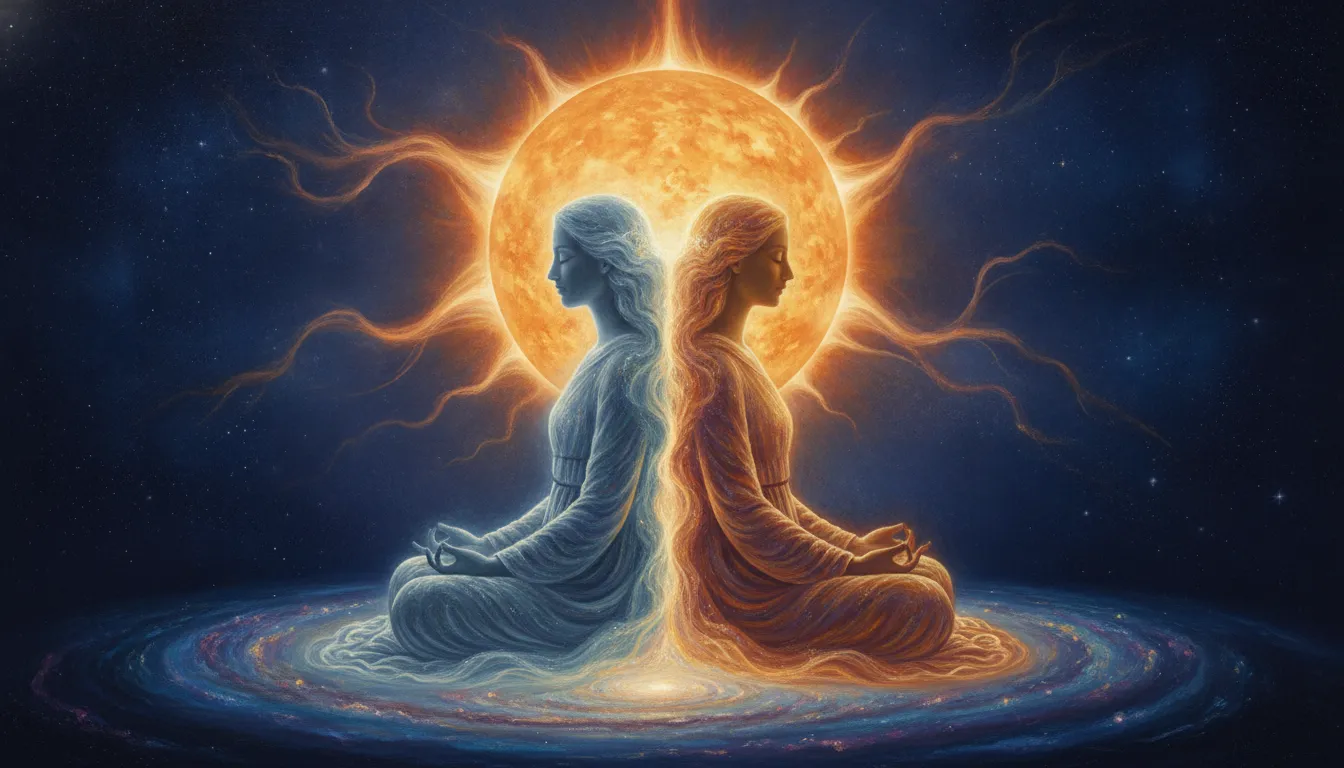 Two spiritual figures merged at the center under a grand solar eclipse in deep cosmic space