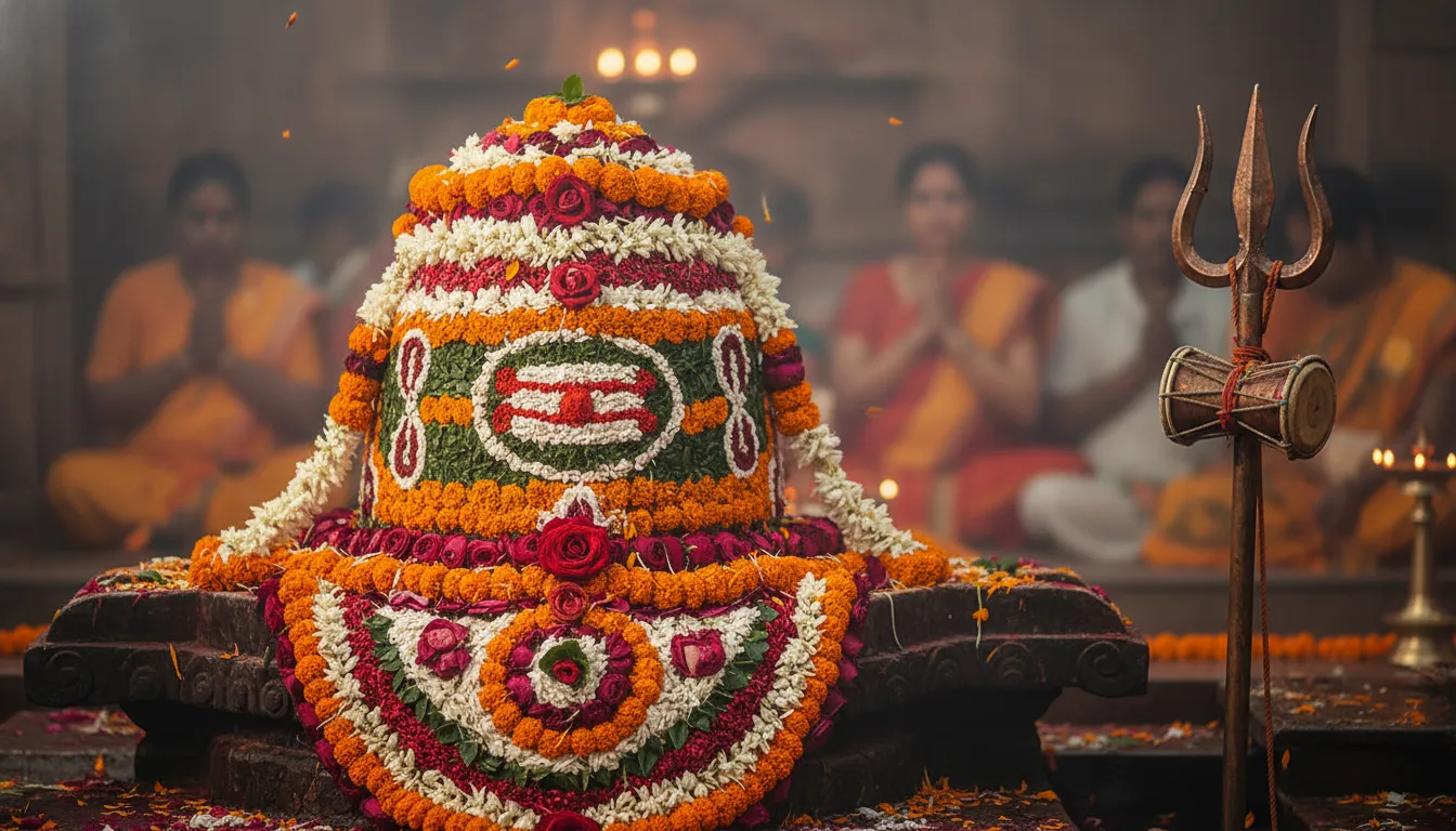 A highly decorated Bhole Nath Shivling covered in flowers and sacred ash for Mahashivratri.