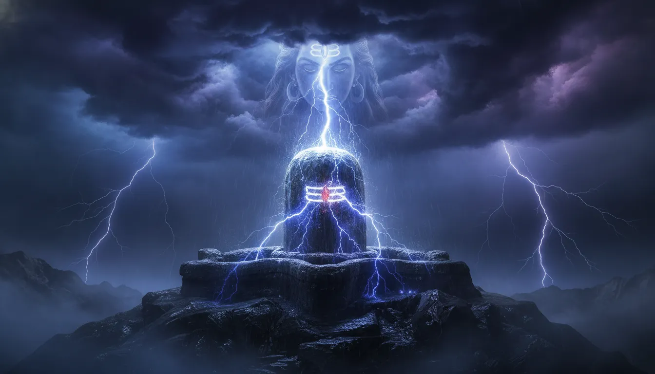 Mahakal Shivling in hungry form absorbing powerful lightning bolts from a stormy sky.