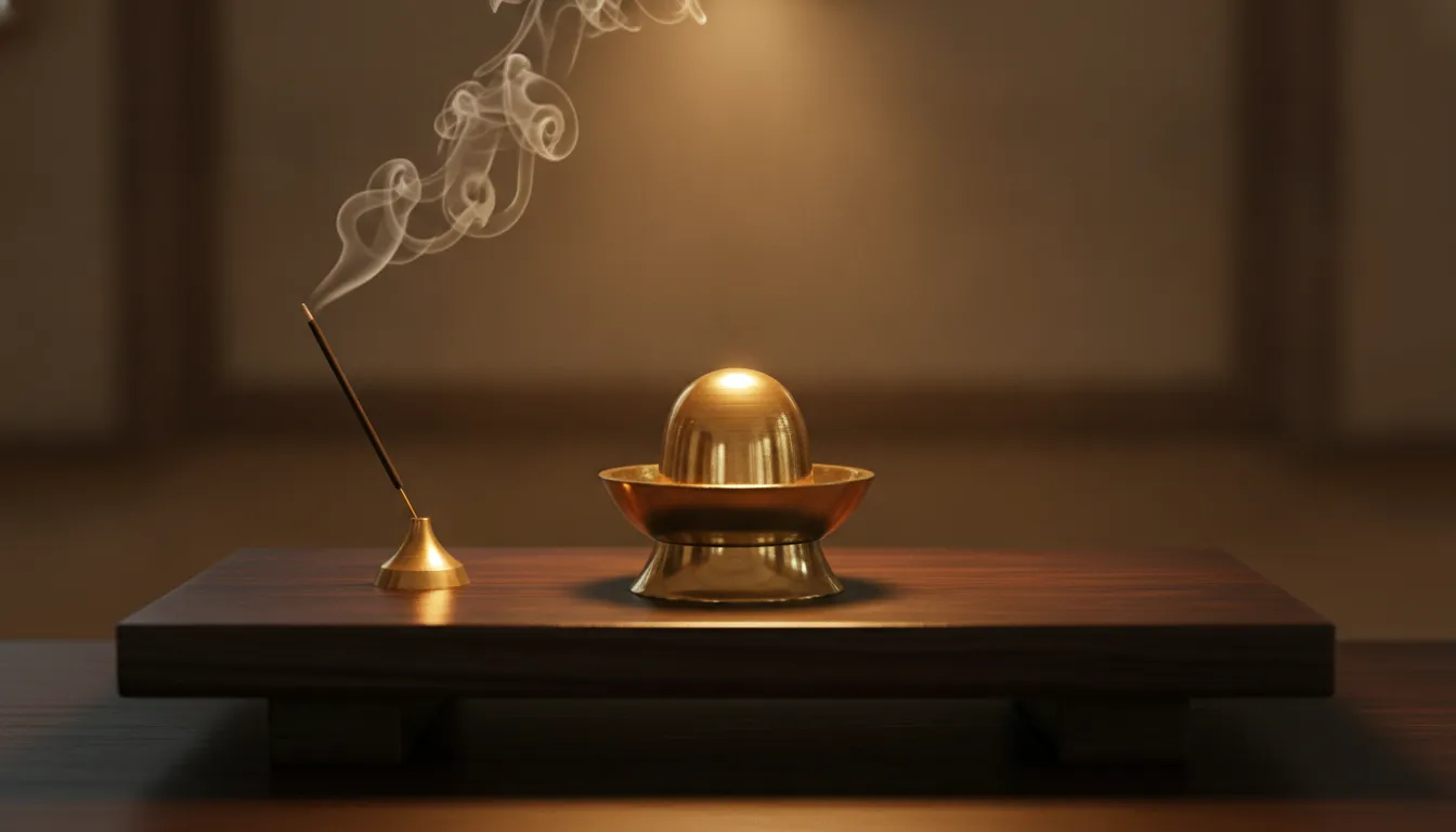 Small polished brass Shivling on a wooden alter for daily prayers