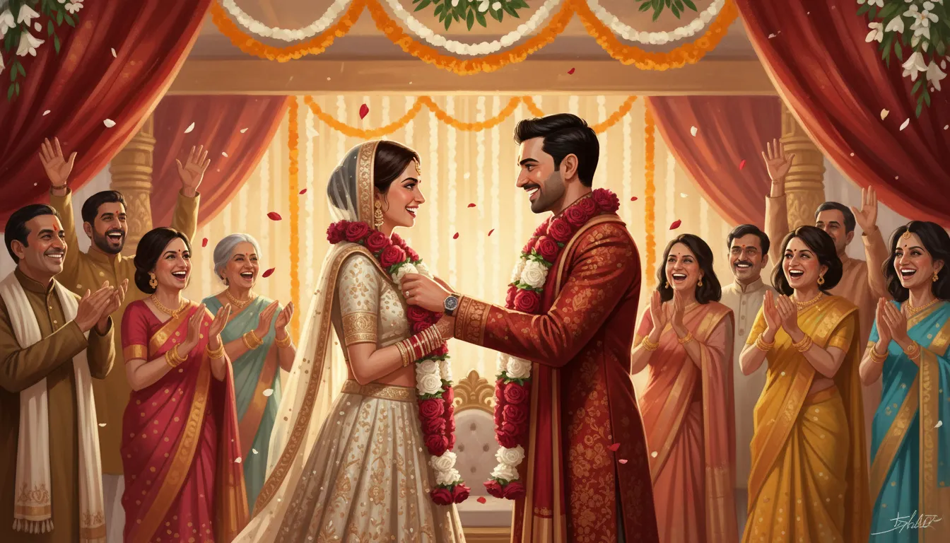 Digital drawing of a bride and groom exchanging flower garlands at a grand wedding.