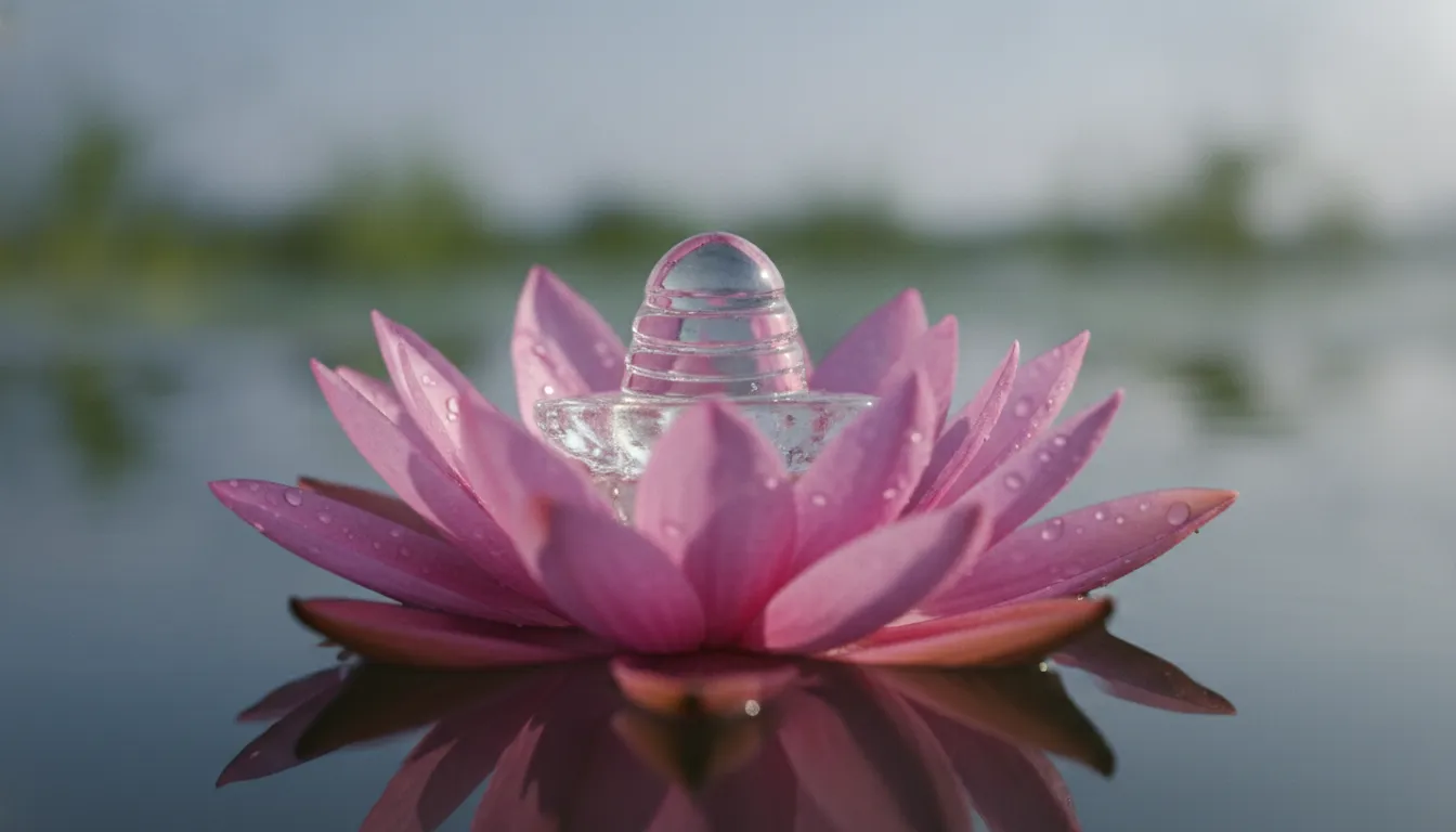 A small crystal shivling placed gently in the center of a fully bloomed pink lotus flower floating on clean water.