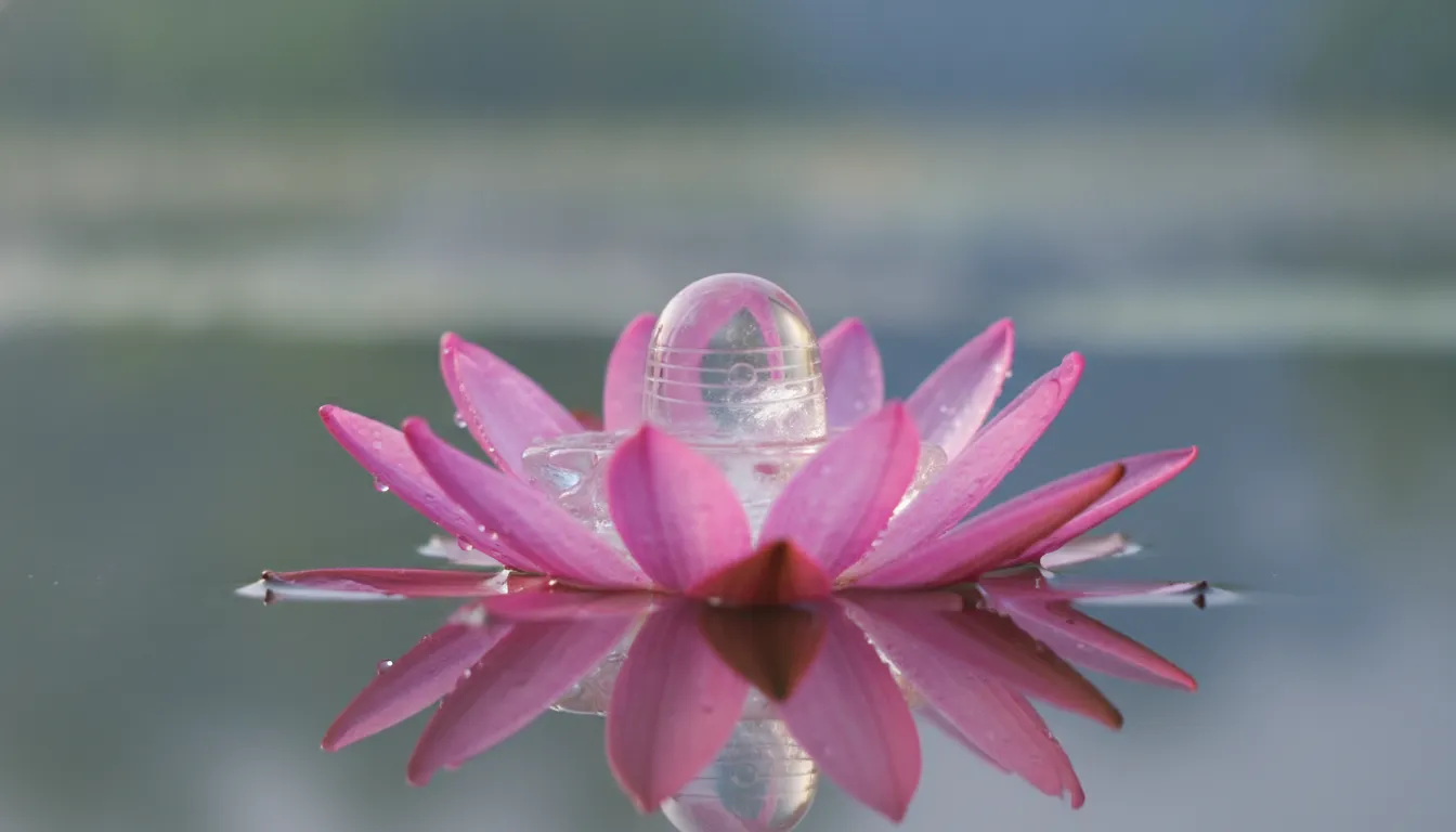 A small crystal shivling placed gently in the center of a fully bloomed pink lotus flower floating on clean water.