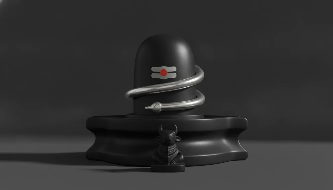 Minimalist full HD studio shot of a black stone Shivling with a snake and a small Nandi statue against a dark background.