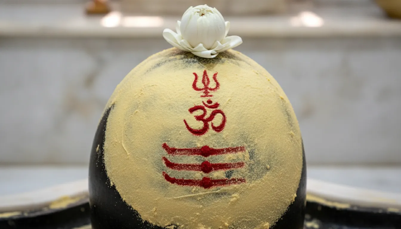 Smooth yellow sandalwood paste beautifully applied over a dark stone Shivling