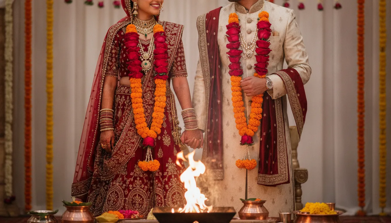 Traditional wedding style portrait of a divine couple wearing bridal garlands and rich red clothing