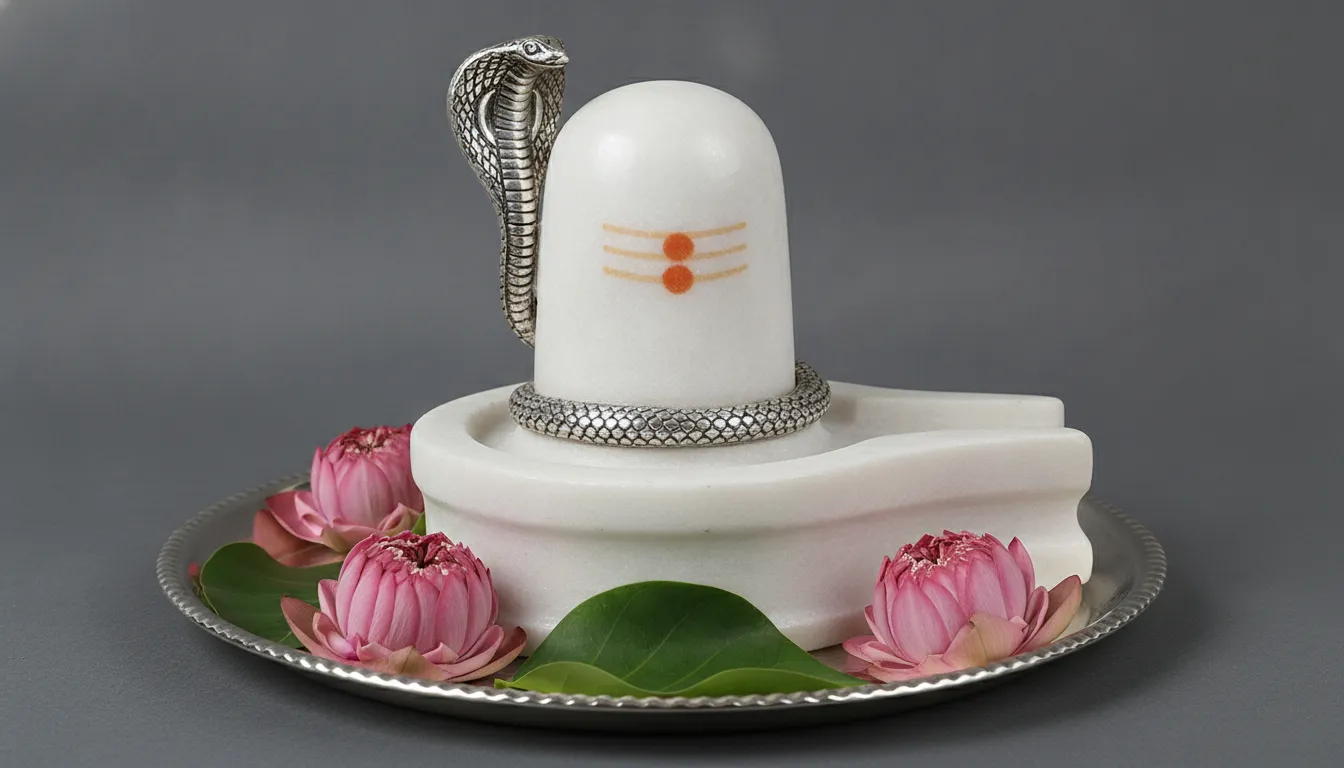 A high-definition photo of a pure white marble Shivling placed on a clean silver pedestal.