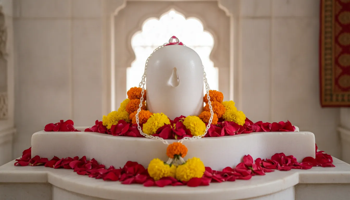 Pure white marble Shivling beautifully decorated with red rose petals and yellow marigolds.