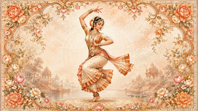 Fine line hand-painted artwork of a dancing deity surrounded by floral frames