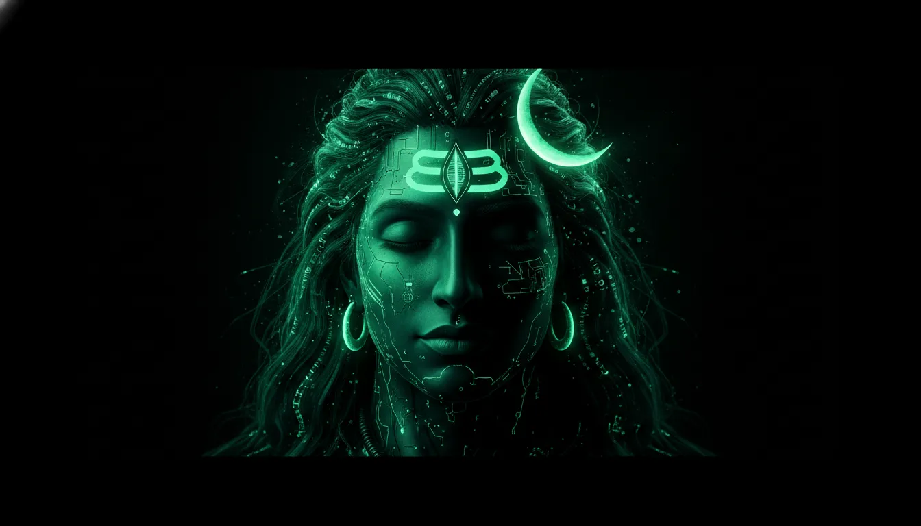 Moody digital portrait of Lord Shiva with an emerald green mystical light illuminating half his face against black.