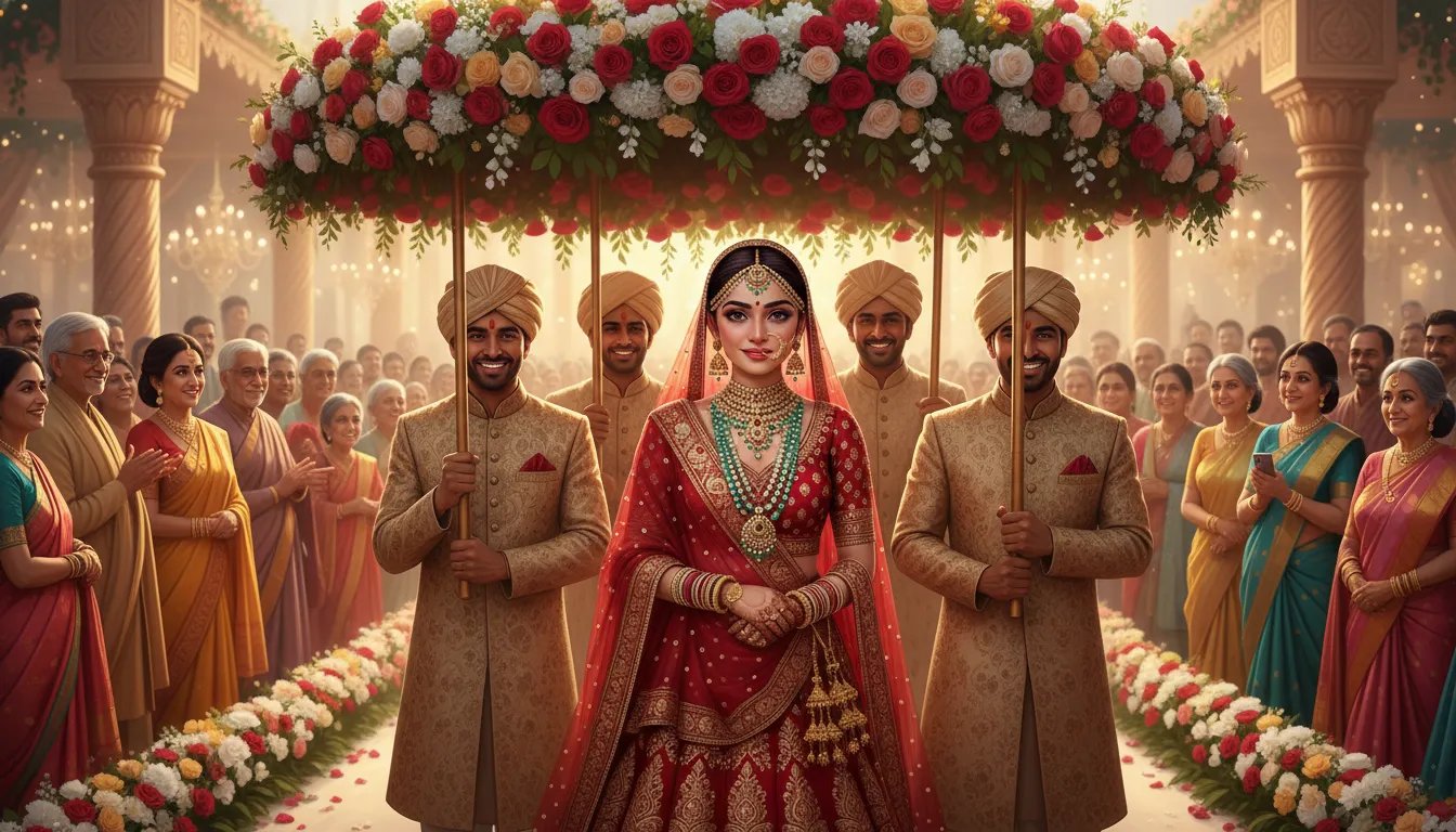 Illustration of a beautiful bride walking towards the wedding stage under a floral umbrella.