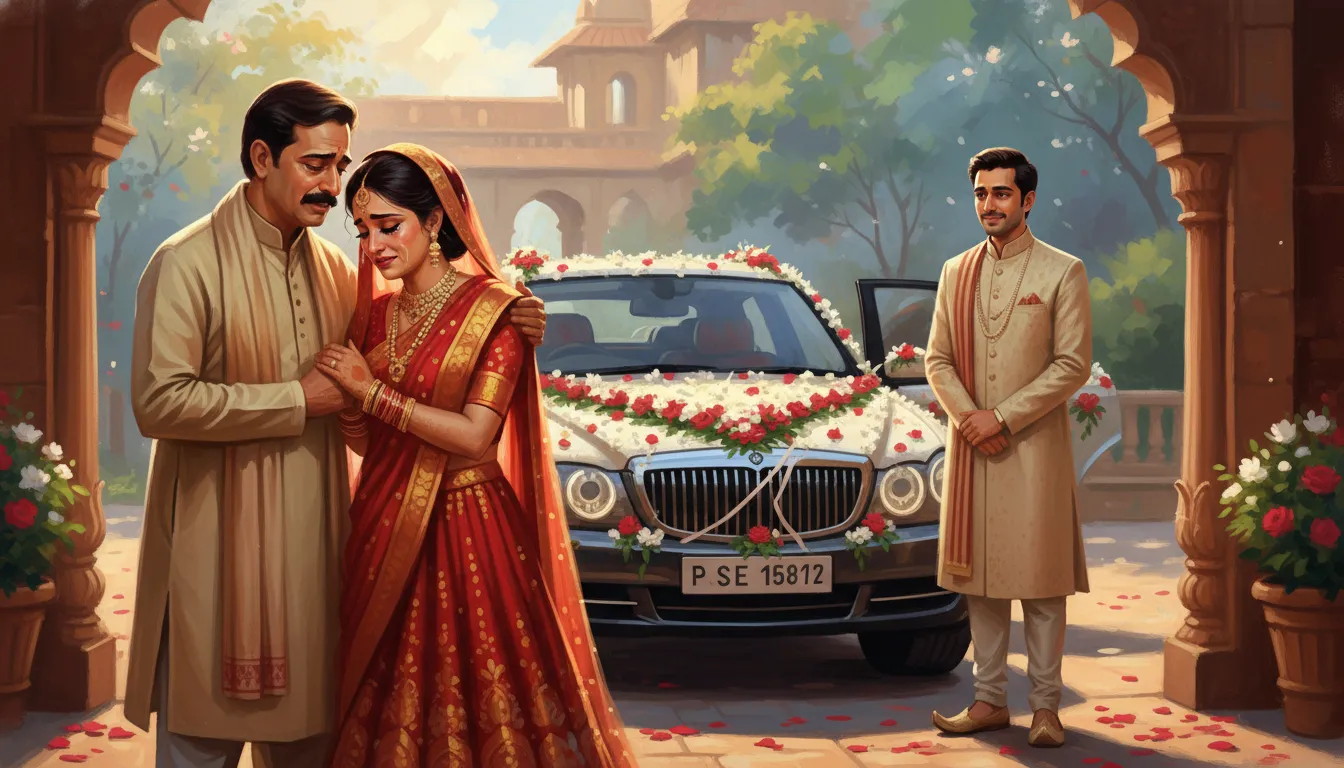 Illustration of an emotional farewell ceremony as the bride leaves with her groom.