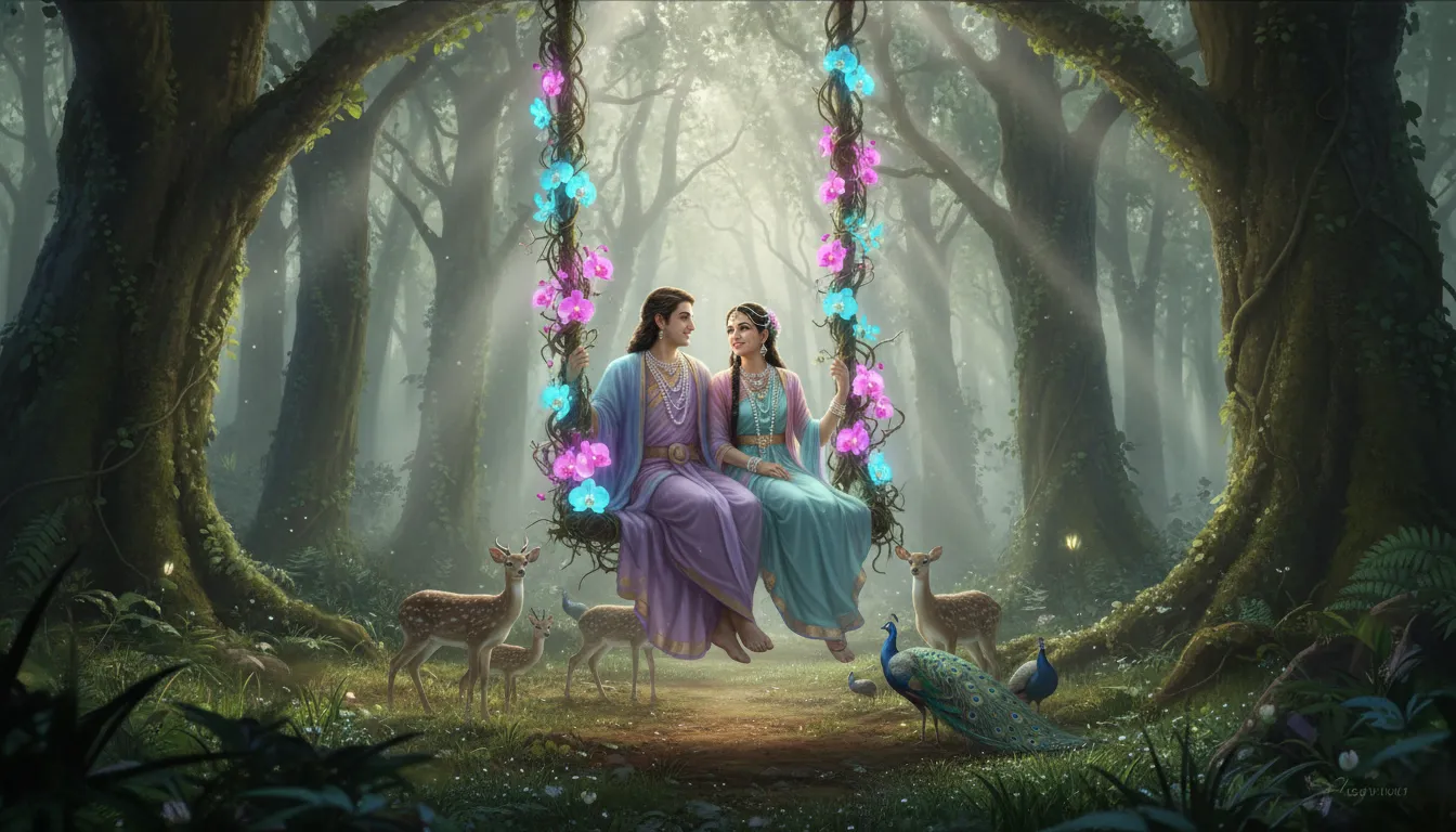 A divine couple smiling on a swing made of glowing magical orchids deep inside a vibrant green enchanted forest.