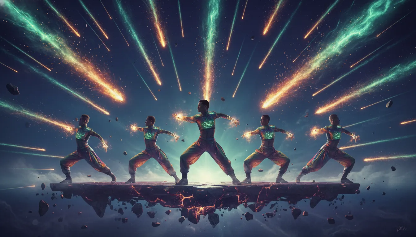 Dynamic dance partners performing an upbeat routine during a fiery meteor shower.