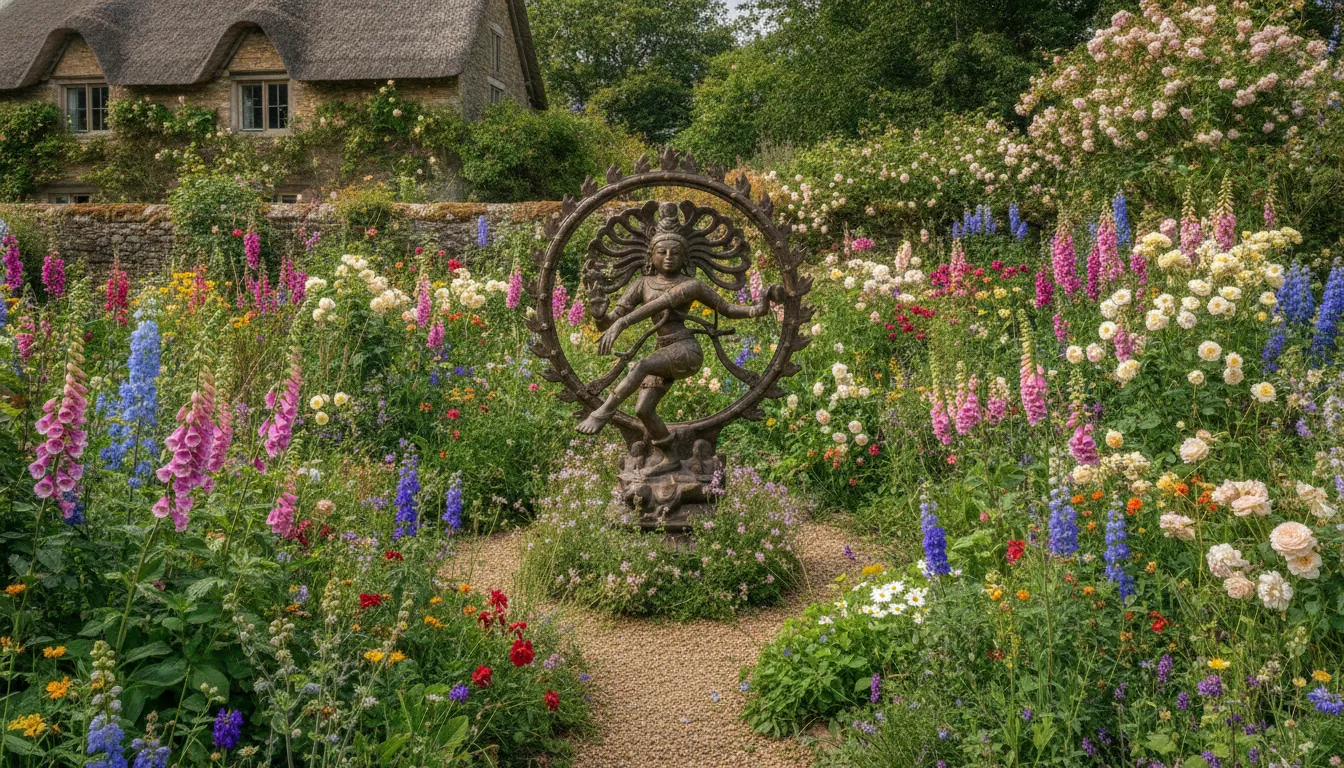 A bronze Nataraja statue surrounded by a colorful, dense explosion of cottage garden flowers like roses and delphiniums.