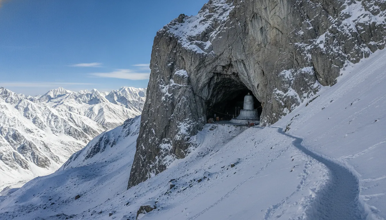 The outer entrance of the famous Amarnath cave surrounded by snow-covered Himalayan mountains.