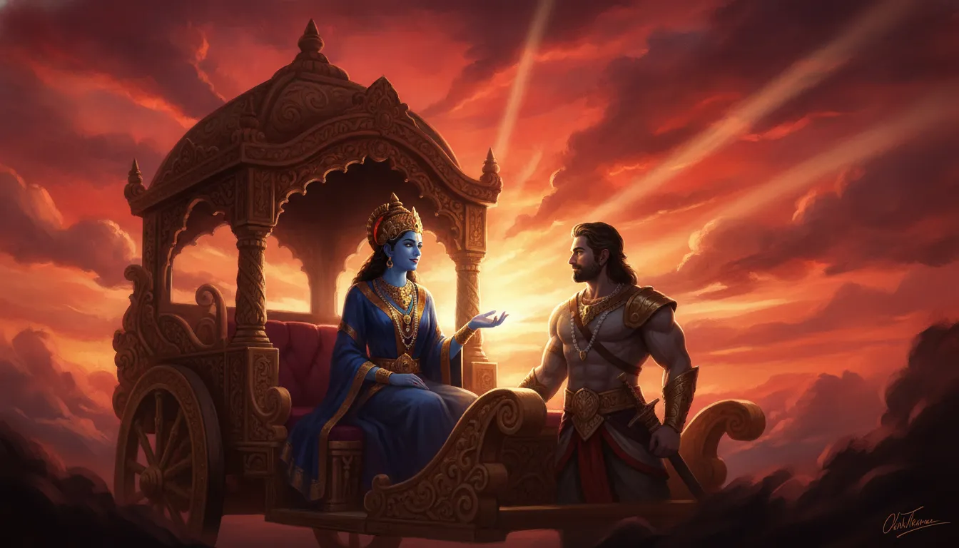Divine blue-skinned driver and a warrior prince standing on a chariot beneath an intense red and gold sky.