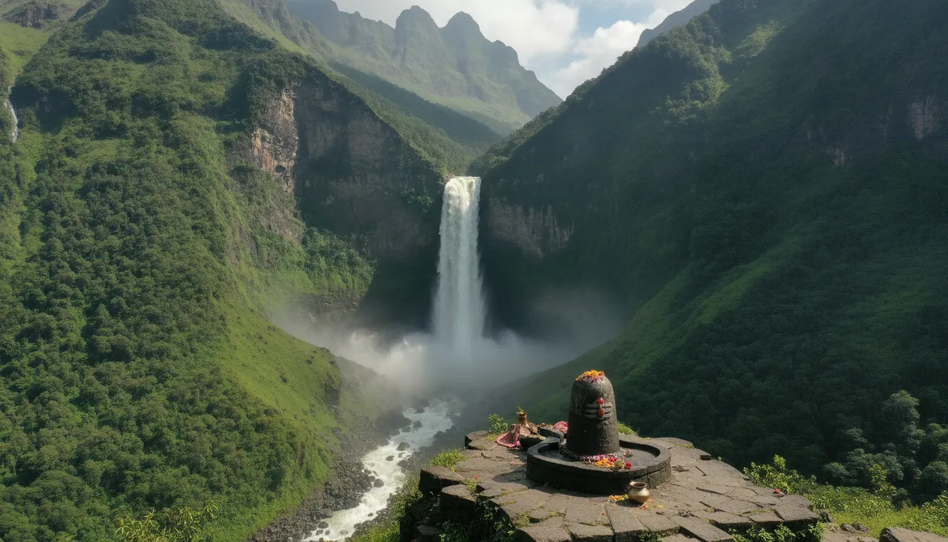 Full landscape view of the gigantic mountains, waterfall, and the small figure next to the Shivling