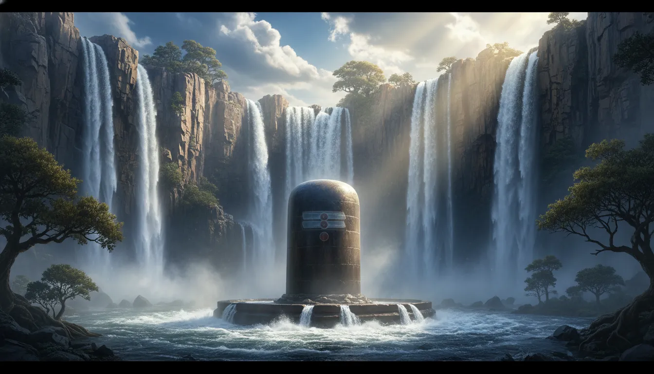 Grand landscape view of a massive Lord Shivling in water surrounded by towering canyon cliffs.