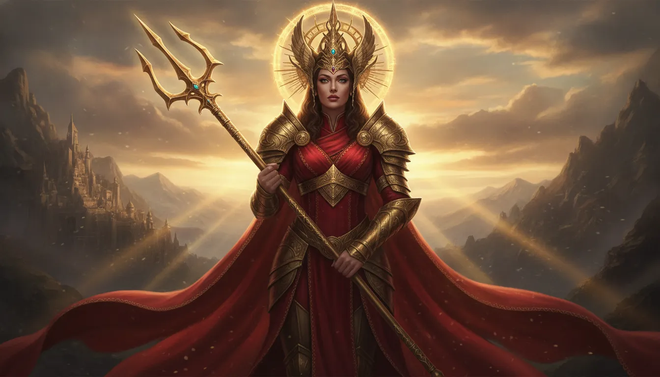 Epic fantasy digital art of a warrior goddess with a golden crown and a glowing trident.