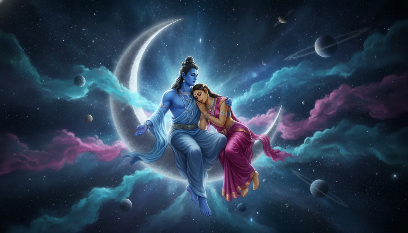 Spiritual divine couple sitting peacefully together on a glowing crescent moon surrounded by a vast starry galaxy