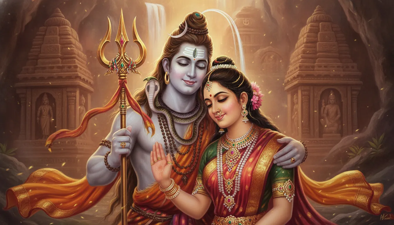 Elegant portrait of Shiva and Parvati with a golden trident against a soft twilight background.