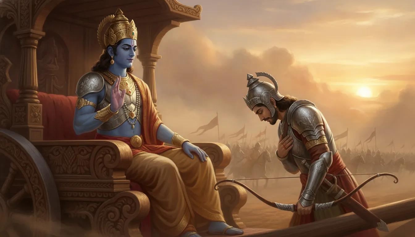 Blue-skinned divine teacher on a golden chariot speaking to a warrior holding a bow on an ancient battlefield.