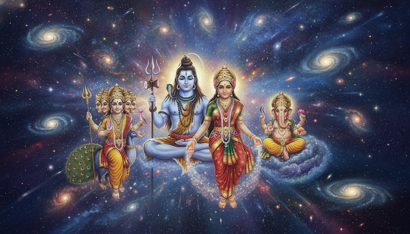 Cosmic backdrop painting of Shiva Parvati family floating amid stars and galaxies