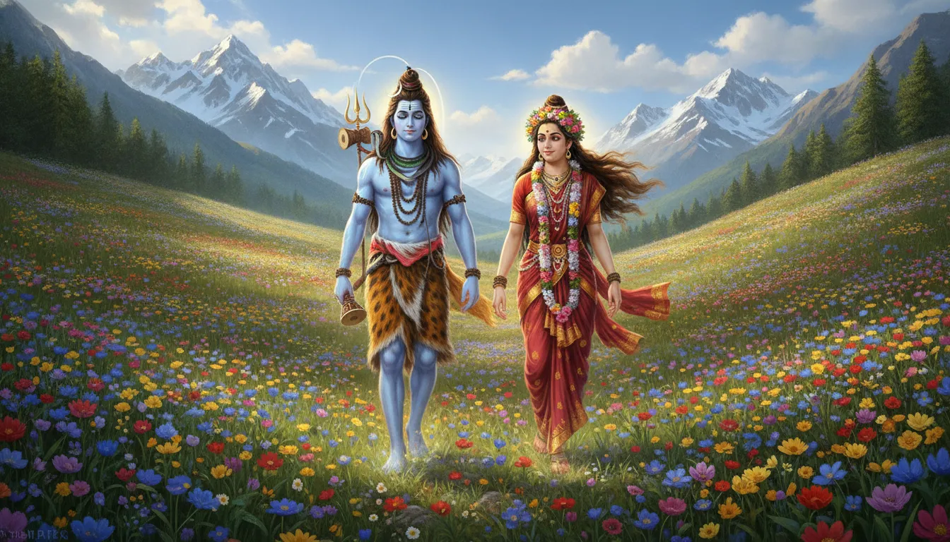 Shiva and Parvati stroll in a valley filled with colorful alpine flowers