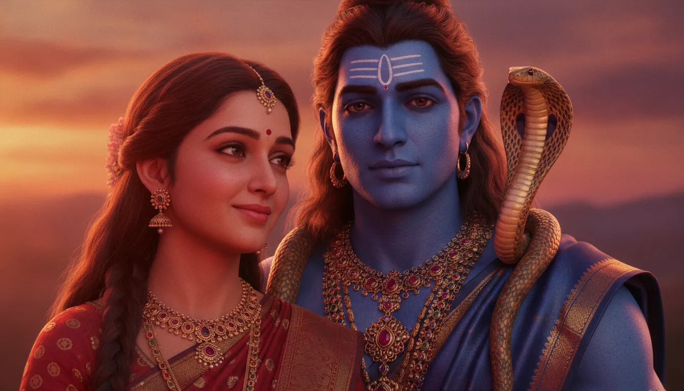 Close-up digital art of a divine couple with a serpent symbol under a dramatic crimson sunset sky