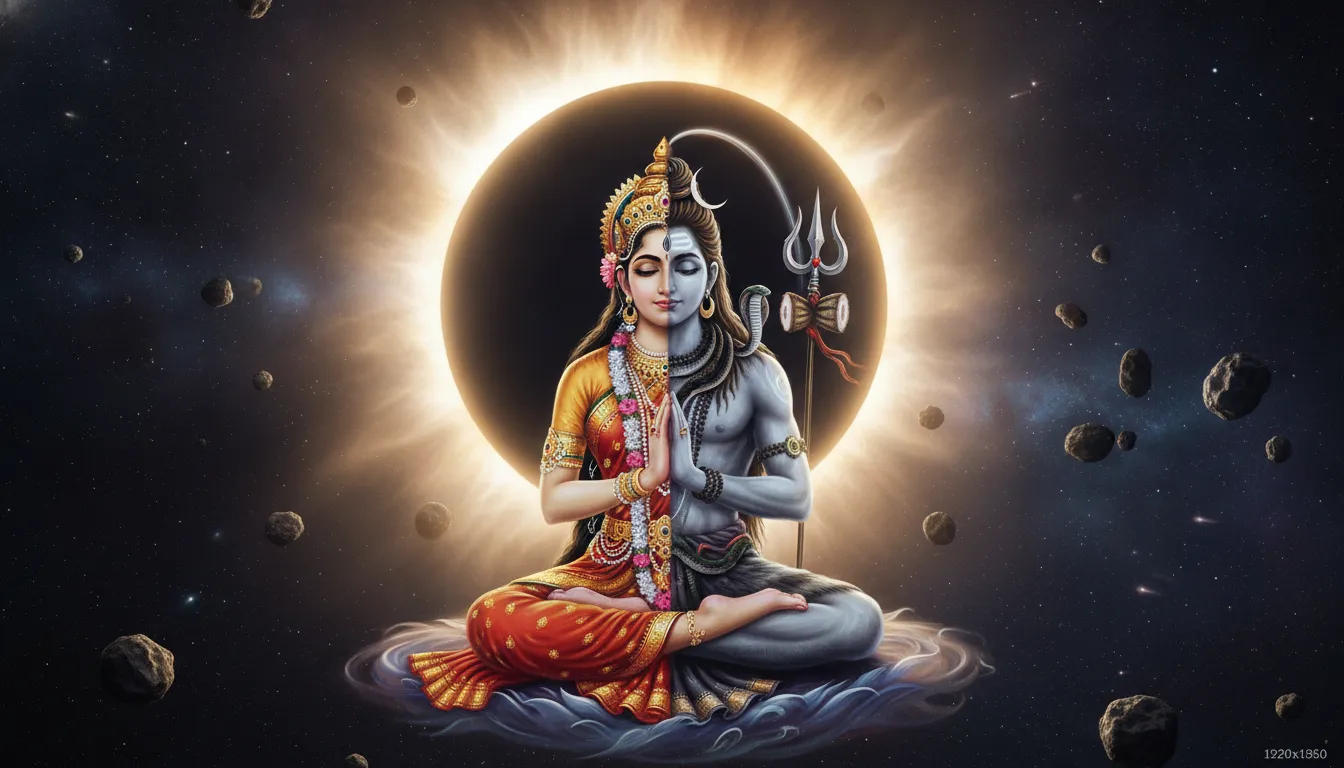 Ardhanarishvara meditating in front of a giant glowing solar eclipse
