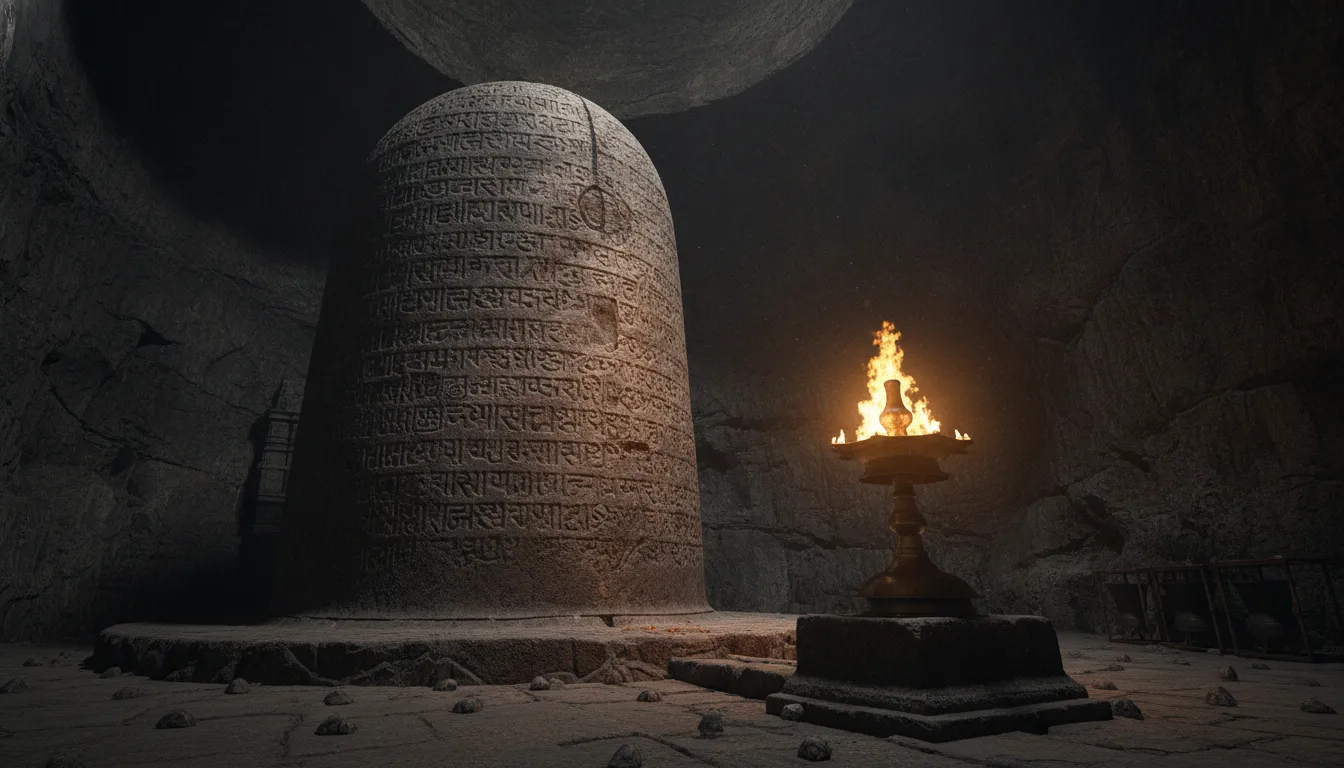 A large continuous brass oil lamp burning brightly beside a massive stone Shiva Lingam in a cave.