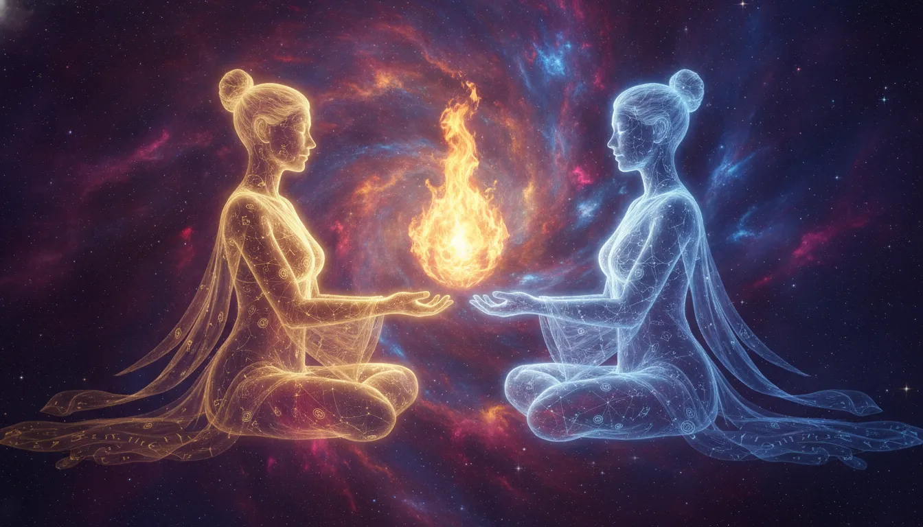 Two radiant divine beings meditating together inside a glowing nebula with an eternal golden flame between them