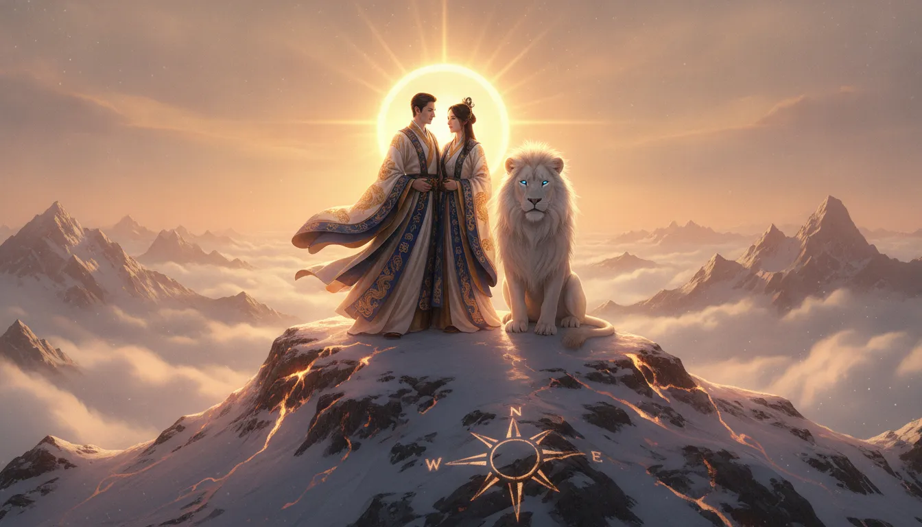 Divine couple standing on a golden mountain peak with a white lion
