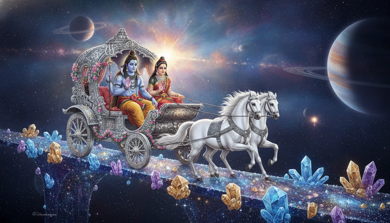 Shiva and Parvati riding a shining silver chariot across a bridge of stars