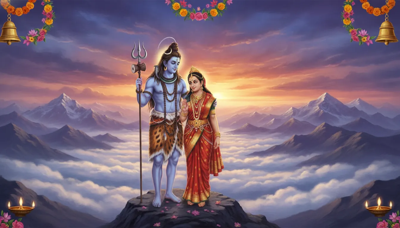 Beautiful digital collage showing the divine union of Shiva and Parvati on a majestic mountain ridge.